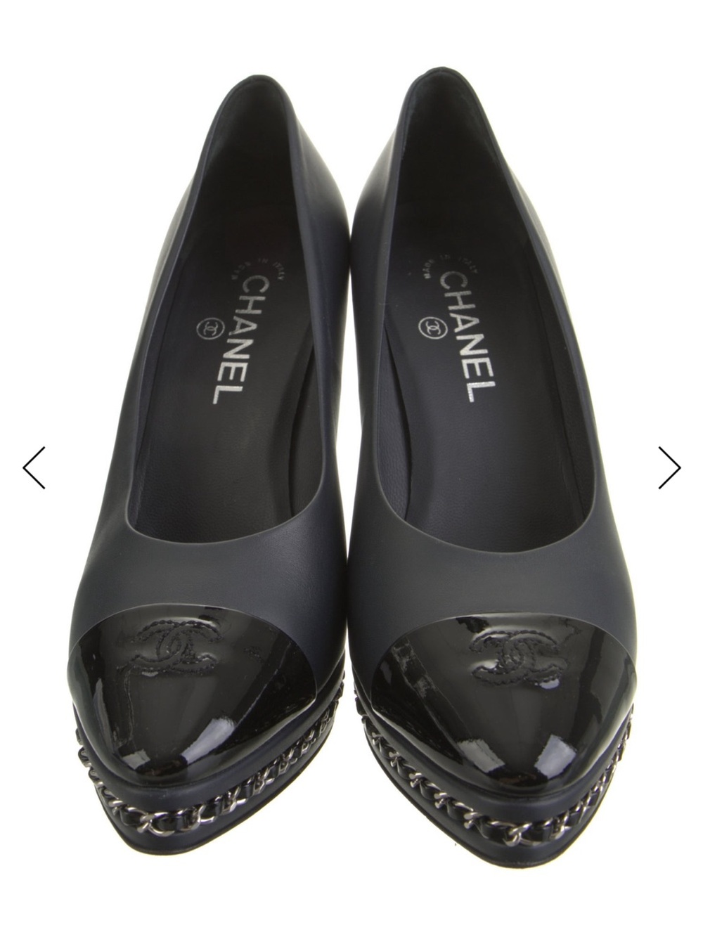 CHANEL Black Matte & Patent Cap-Toe Chain Trim Ballet Flats 39 1/2